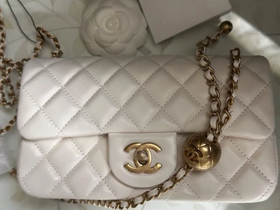 New 25A CHANEL Classic Mini Rectangle WHITE Flap Bag PEARL CRUSH Gold CC RECEIPT - Image 1 of 4