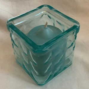 3" Square Cube Turquoise Blue Glass Candle Holder (3.5" tall) with Votive Candle - Picture 1 of 5