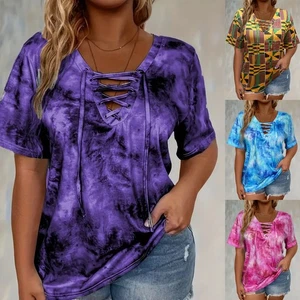 UK Womens Oversized Tie Dye Top T-Shirt Holiday Blouse Lace Up V neck Casual Tee - Picture 1 of 17