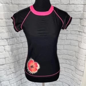 Hobie pullover swim shirt with side floral shimmer design black & pink M - Picture 1 of 10