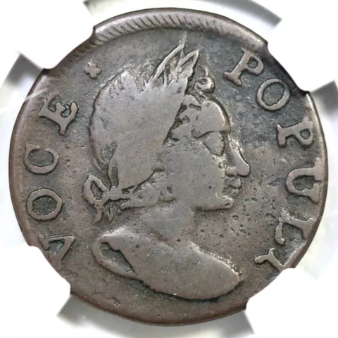 1760 N-15 R-4 NGC F 12 No P Voce Populi Half Penny Colonial Coin 1/2P Cover