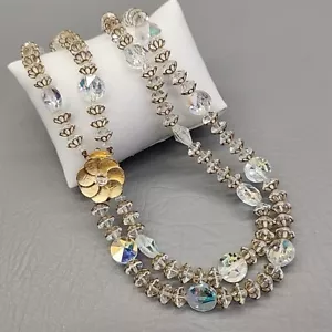 Vintage AB Glass Beaded Necklace Two Layered Gold Tone Caps Flower Clasp 18" - Picture 1 of 17