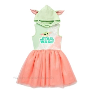 NWT Disney Girls Baby Yoda Dress Costume Hoodie Size 4 - 8 Star Wars Mandalorian - Picture 1 of 5