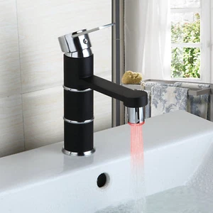 Black LED Light Bathroom Sink Basin Faucet Single Hole Mixer Tap Deck Mounted - Picture 1 of 11