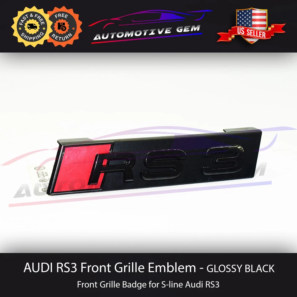 Audi RS3 Front Grille Badge GLOSS BLACK Emblem S line Inscription Nameplate A3 - Image 1 of 2