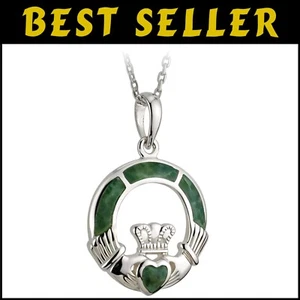 Handwerklicher irischer Claddagh Anhänger mit Connemara Marmor - eleganter keltischer Schmuck - Bild 1 von 11