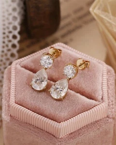 Round And Pear Cut Moissanite Dangle Drop Earrings For Bridal, 10K Gold Earrings - Picture 1 of 8