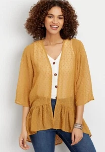 Cárdigan transparente Maurices Kimono talla 2X dobladillo con volantes abiertos punto suizo amarillo mostaza - Imagen 1 de 11