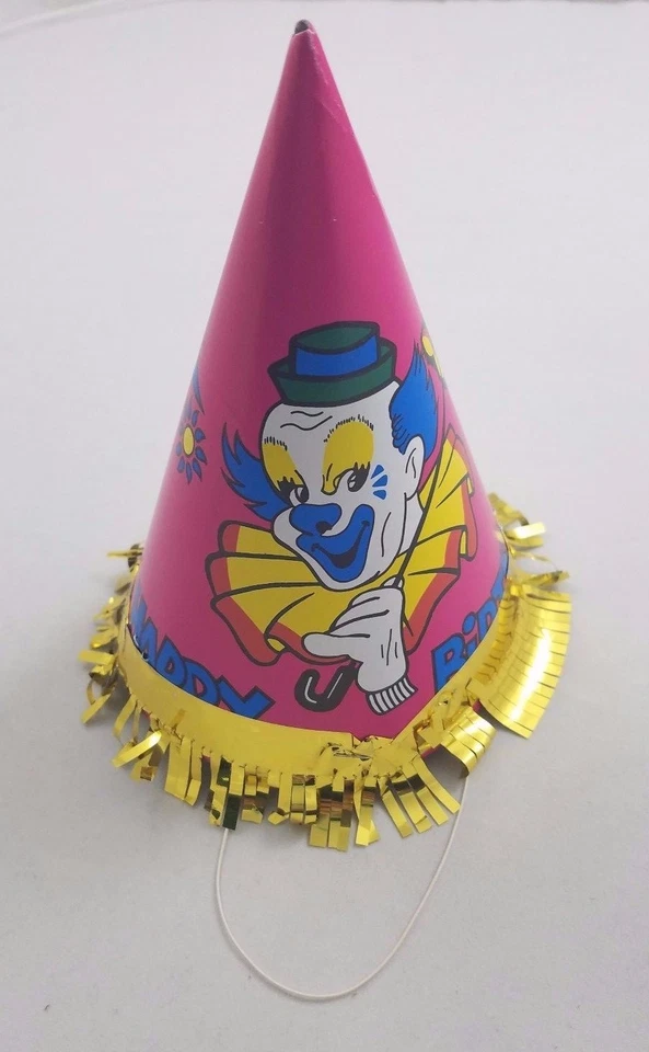 复古马戏团小丑生日快乐派对纸锥形帽粉色博佐金条纹 — 第 1/1 张图片