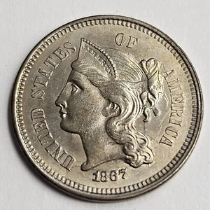 1867 3 cent nickel * STRUCK WELL, NICELY TONED* - Picture 1 of 2