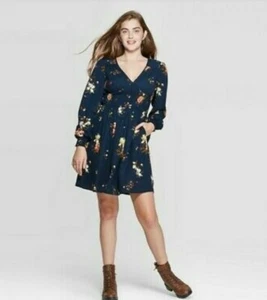Damen Xhilaration Langarm V-Ausschnitt gesmokte Taille Minikleid blau S 0849 - Bild 1 von 1