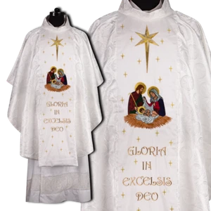 White Christmas Gothic Chasuble vestment with Embroidered Holy Family & Stars - Picture 1 of 4