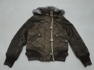 ☃️OLIMPIA Real Rabbit Fur Short Brown Hooded Quilted Jacket Girls Size 14 - Picture 1 of 7