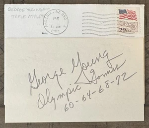 GEORGE YOUNG SIGNED 3"X5" INDEX CARD INSCRIBED OLYMPIC GAMES 60-64-68-72 D 2022 - Picture 1 of 1