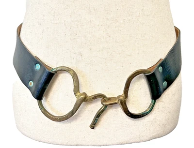 VTG Oxhide Leather Hook Belt Antique Brass Hardware Black Equestrian Statement - Image 1 of 4