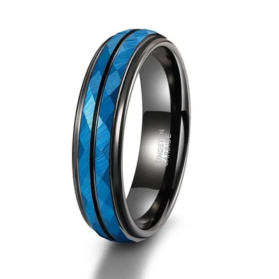 Anillo de carburo de tungsteno azul de 6 mm para hombres y mujeres martillado multifacético mate talla 6-12 Foto 1 de 4