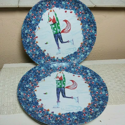 Juego de 3 platos de melamina Anthropologie Fox patinaje sobre hielo vacaciones de Navidad niños 8" Foto 1 de 4