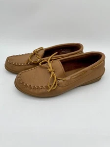 Minnetonka Brown Hand Stitched Moccasins Thick Leather Rubber Soles Womens 9.5 - Picture 1 of 10