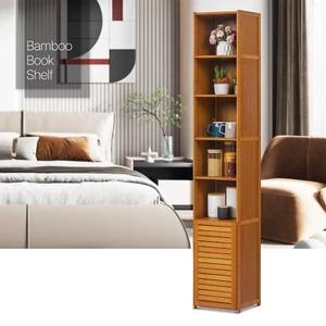 12" Bamboo [ADJUSTABLE SHELF] 7-Tier Book Storage Shelves w/Shutter Door Cabinet - Picture 1 of 10