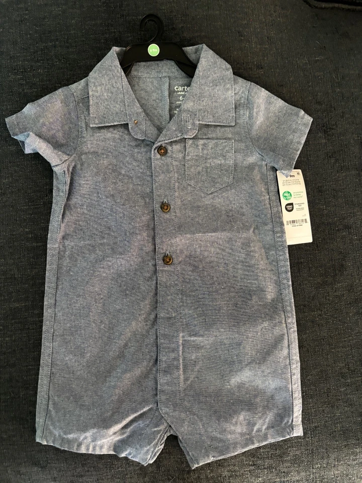 Carter's Child of Mine Baby Boy Blue Cotton Chambray Romper One Piece 6-9m