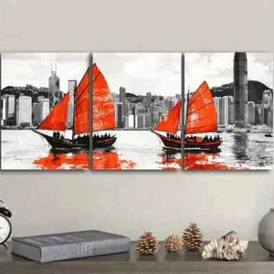 Pintura de arte del puerto de Hong Kong impresión de metal lista para colgar arte 3 piezas - Imagen 1 de 8