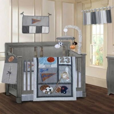 Gray Grey White Sports Baseball 9 pc Crib Bedding Baby Boy Nursery Mobile Diaper - Image 1 of 4
