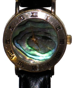 Abalone Shell Dial Watch Women's Quartz Black Band Roman Numerals - Picture 1 of 24