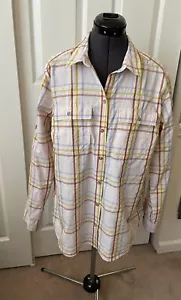 EDDIE BAUER Beige Red Blue Plaid Long Roll-Tab Slv Poly/Nylon Hiking Shirt XL - Picture 1 of 8