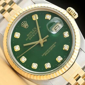 ROLEX MENS DATEJUST 16013 GREEN 18K YELLOW GOLD & STEEL QUICKSET DIAMOND WATCH - Picture 1 of 9
