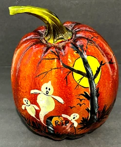 Hand Painted Halloween Ceramic Pumpkin, RIP, Graveyard, Ghosts, Full Moon 8 In - Picture 1 of 5