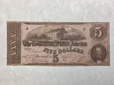 ~ T 53  Confederate States of America $5 Five Dollars  December 2, 1862 - Image 1 of 2