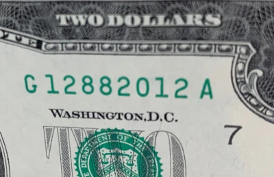 12882012 December 8, 2012 $2 Dollar Bill Fancy Serial Number Birthday Note UNC - Image 1 of 3