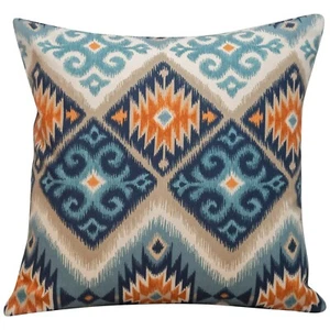 Cojín estilo Navajo Kilim impreso. Geométrico abstracto azul azulado y naranja. - Imagen 1 de 1
