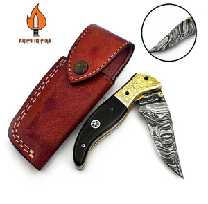 CUSTOM HANDMADE DAMASCUS STEEL HUNTING FOLDING KNIFE LINEAR LOCK RAM HORN BRASS. - Picture 1 of 7