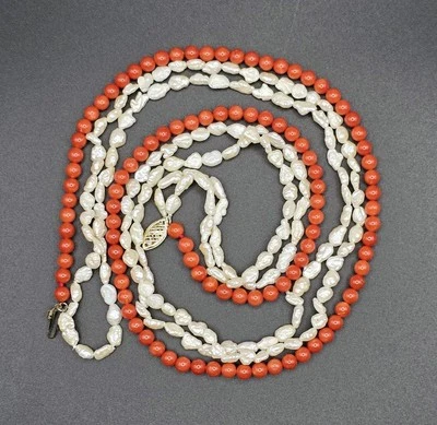 Vintage Pearl Coral Beaded 14k Gold Multistrand Necklace Native Boho Retro - Image 1 of 4