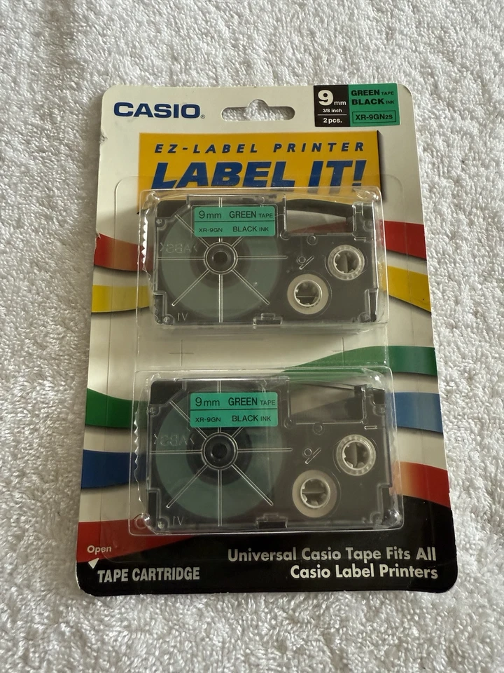 New GENUINE Casio XR-9GN2S  3/8" BLACK ON GREEN Tape 2-Pack Ships Free  - Image 1 of 2