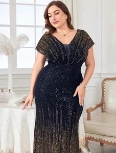 Elegantes formelles Kleid mit Fledermausärmeln Pailletten Meerjungfrau marine und gold Netzschimmer - Bild 1 von 9