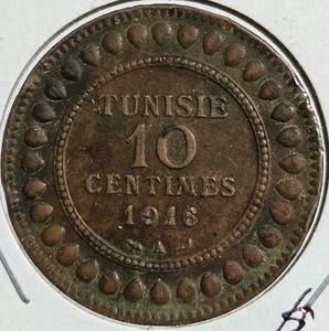 Moneda de cobre grande de colección baja de 10 céntimos Túnez francés año 1329AH año 1916 - Imagen 1 de 2