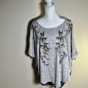 Miss Me Gray Beaded Floral Graphic Top L Boho Glam Y2K Long Blue Gathered Back - Picture 1 of 8