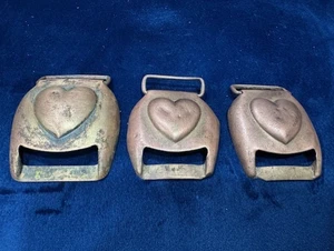 (3) 1800s Raised Heart Horse Antique Harness Buckle Cover Protector Solid Brass - Picture 1 of 18