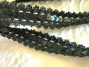 pizzo bordo capesante anni 60 elastico elasticizzato 3/4" paillettes bordo nero 1yd made in USA - Foto 1 di 2