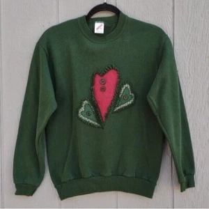 Vtg Jerzees Pullover Sweatshirt Heart Cut Out Green Red Youth XL 16/18 Made USA - Picture 1 of 10