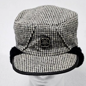 Vintage Army Cadet Hat Checks Black White Gray Faux Fur Lined Geometric Logo  - Picture 1 of 8