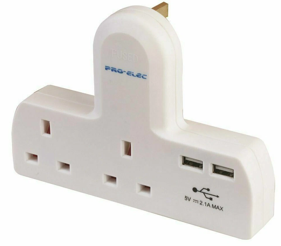 New 2 Way Gang Multi Wall Mains Plug Extension Adaptor With 2 USB Charge Ports - Image 1 of 1