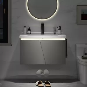 31” Wall-Mounted Bathroom Vanity Cabinet w/ Basin Sink Storage Shelves LED Light - Picture 1 of 12
