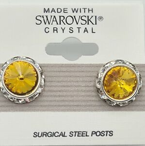 Golden Yellow Silver Round Roundel Earrings 11mm Crystal Made with Swarovski