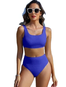 Anrabess NEW Women’s 2 piece Swimsuit Blue Ribbed High Waisted Size MEDIUM - Picture 1 of 9