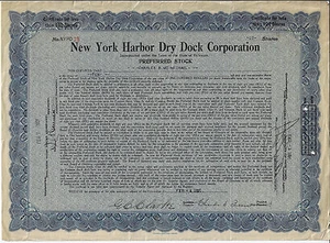 NEW YORK 1921, New York Harbor Dry Dock Corp Stock Certificate, Port Jefferson - Picture 1 of 8