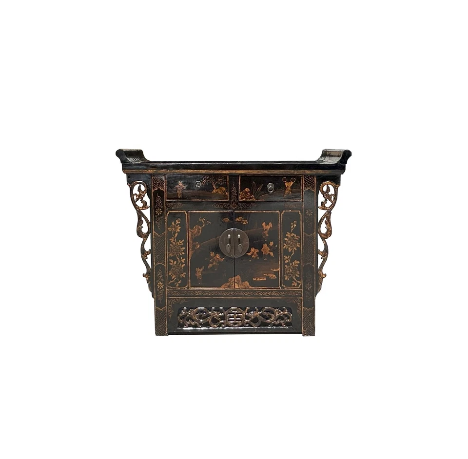 Gabinete Credenza Chino Rústico Negro Vintage Borde Punto Gráfico Dorado ws4085 Foto 1 de 4