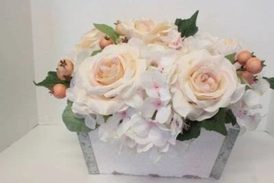 Shabby Cottage Chic Rose Flower Arrangement Silk Roses Hydrangea Flower Box - Image 1 of 4